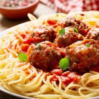 Spaghetti With Meatballs · Thin spaghetti with beef meatballs and marinara sauce.