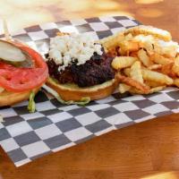 Greek Burger · seasoned ground beef topped with lettuce, tomatoes,  pickles, feta cheese, onions, and tzatz...