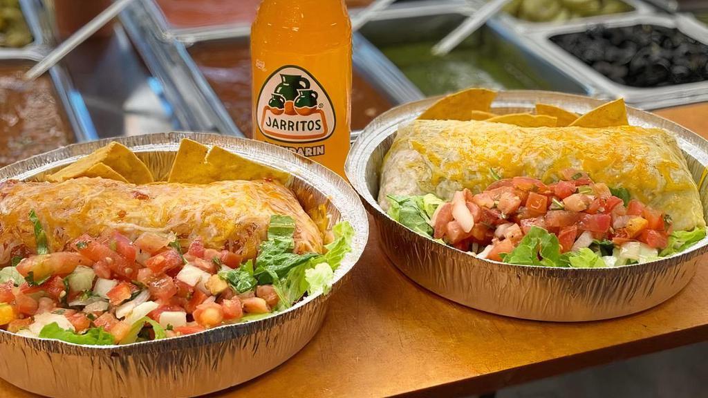 **Wet Burrito** · Flour Tortilla with choice of meat. Then warmed in the oven with Red or Verde Salsa. Served with a side of lettuce and pico.