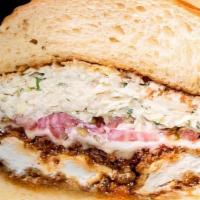 Crispy Chix Sand · CLASSIC | crispy chicken breast, bacon, melted muenster cheese, and house made ranch colesla...