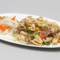 Five Spice Calamari · Spicy. Stir-Fried with Scallions, Bell Peppers and Jalapeno Peppers, Served with Chinese Swe...
