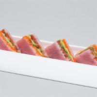 Sushi Sandwich (4 Pcs) · Raw or Undercooked. Spicy tuna, avocado, tempura flake, masago, cucumber with soy paper.