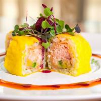 Lobster Passion Roll · Lobster tempura, avocado, pineapple, cream cheese, mayo, wonton skin and yellow soy paper, s...