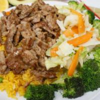 Beef Bowl · Served with rice and mixed vegetables.