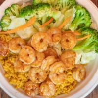 Shrimp Bowl · Served with rice and mixed vegetables