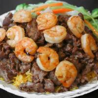 Beef & Shrimp · Served with rice and mixed vegetables