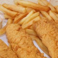 Jumbo Tenders 4 Pcs · fried chicken tenders , served with fries or cajun rice and can soda.