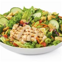 Simply Grilled Chicken · Grilled chicken breast, cheddar, tomatoes, and cucumbers on mixed greens. Served with garlic...