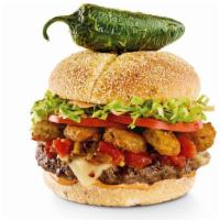 Burnin' Love Burger® · Fried jalapeño coins, housemade salsa, pepper-jack, lettuce, tomatoes, and chipotle mayo on ...