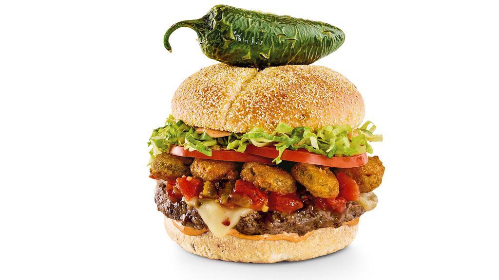 Burnin' Love Burger® · Fried jalapeño coins, housemade salsa, pepper-jack, lettuce, tomatoes, and chipotle mayo on a jalapeño-cornmeal Kaiser roll. 910 cal.