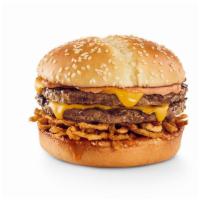 Haystack Tavern Double™ · Two classic patties topped with American cheese, campfire mayo and onion straws. 680 cal.