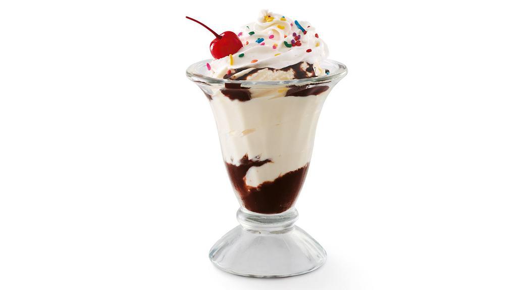 Kids' Sundae · Two layers of Hershey's® chocolate syrup, soft serve, whipped cream, rainbow sprinkles and a cherry on top. 310 cal.