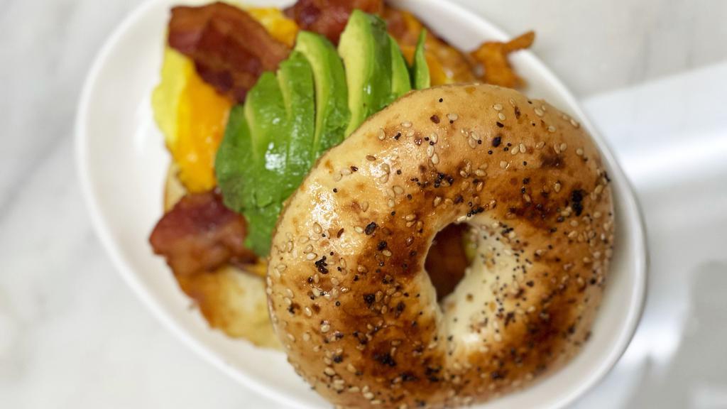 Breakfast Sandwich · Choice of ham, bacon or sausage, cheese, eggs, avocado on fresh bagel.