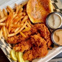 Brdbox Tender Meal · Two jumbo tenders, fries, garlic bread and pickles with choice of two dipping sauces