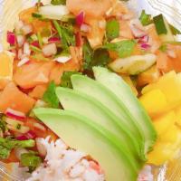Salmon Bowl · Salmon, edamame, mango, crab salad, sweet onion, avocado, cilantro, and fresh ponzu.