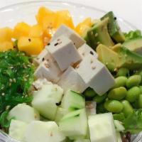 Tofu Bowl · Tofu, avocado, cucumber, Edamame, seaweed salad & mango with Makoto poke sauce.