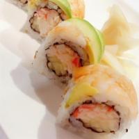 Ichi Roll · Crab salad, cucumber inside, avocado and shrimp on the top.