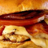 The Hollywood · Grilled Mary’s Free Range Chicken, Applewood
smoked bacon, Swiss cheese, pickled red
onions,...