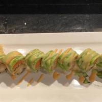 House Roll · Shrimp tempura inside, spicy crunchy tuna, avocado and caviar on top with wasabi mayo and sp...