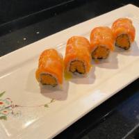 Dancing Salmon Roll · Spicy crunchy salmon inside, salmon on top with mango sauce