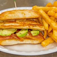Santafe Chicken Sandwich · Fresh real grilled chicken breast, avocado, bacon, swiss cheese, home made russian dressing ...