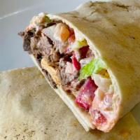 Lamb & Beef Shawarma Wrap · Regular Toppings - - - Served with Lettuce, Tomatoes, Onions, Red Turnips, Hummus and Tahini...