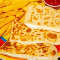 Cheese Quesadilla · Chicken or beef served over a bed of greens with cheese, beans, and onions, with spicy ranch...