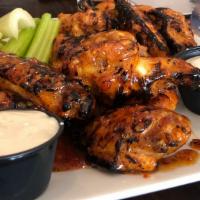 Chicken Wings · Choice of (6) grilled or fried jumbo chicken wings or (8) boneless wings with bleu cheese dr...