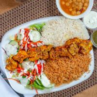 Chicken Kabob Platter · Includes basmati rice (white and brown), salad, fresh tandoori bread, side of chick peas, on...
