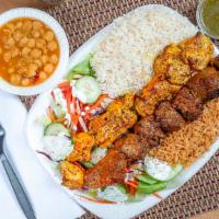 Beef & Chicken Kabob Platter · Includes basmati rice (white and brown), salad, fresh tandoori bread, side of chick peas, on...