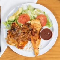 Pollo Loco · Grilled chicken and sausage with melted cheese served with salad, avocado, lemon, rice, bean...