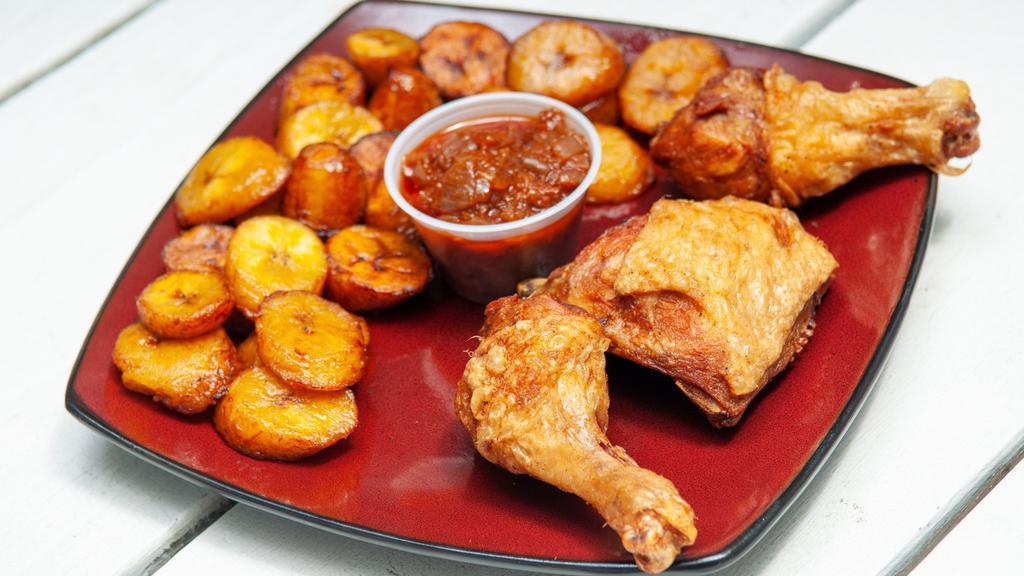Fried Chicken+Plantain · Fried Chicken, Plantain + Dipping Sauce (Spicy or No Spicy)