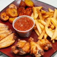 Wings Combo · Wings (Bone In), French Fries, Plantain + Dipping Sauce (Spicy or No Spicy)