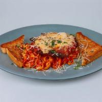 Chicken Parmesan · Hand-breaded, fettuccine, mozzarella cheese, marinara sauce, garlic toast, side salad