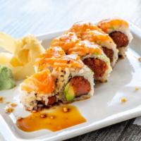Sarah Roll · Spicy Tuna, Avocado rolled, Topped with Salmon, Scallions and Roasted Garlic and Hawaiian BB...