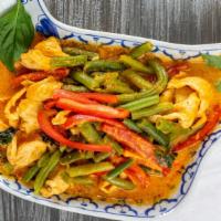 Panang Curry · Mild spicy. Steamed cabbage, broccoli and fresh basil in curry sauce.  Spicy