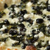 Greek Pizza · Sautéed Spinach, Feta Cheese, Mozz & Olives