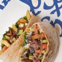 Grilled Chicken And Falafel Pita · Marinated chicken breast and falafel with lettuce, tomatoes, cucumber, onions, and your choi...