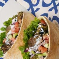 Grilled Gyro And Falafel Pita · Gyro meat and falafel with lettuce, tomatoes, cucumber, onions, and your choice of sauce wra...