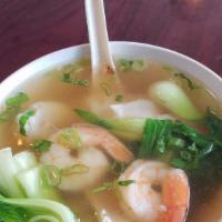 Wonton Soup    (Home Made) · Shrimp in broth with bok choy onion and  cilantro.