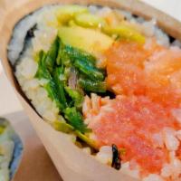 Sushi Burrito · Sushi rice and roasted seaweed wrap. (2 Proteins)