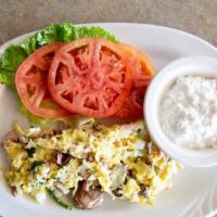 Low Carb Breakfast · 3 scrambled eggs with ham, spinach, mushrooms & onions, served with sliced tomatoes and cott...
