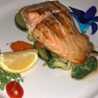 Salmon · Seared salmon, sautéed vegetables.