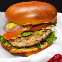 Turkey Burger · Ground turkey patty served on a bun. topping lettuce pepper jack cheese tomato onions sydney...