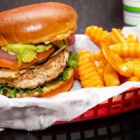 Turkey Burger Combo 4 · Ground turkey patty served on a bun. topping lettuce pepper jack cheese onions tomato sydney...
