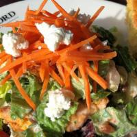 Entree House Salad · Mixed greens, julienne carrots, spiced pecans, goat cheese, Campari tomatoes, and cornbread ...