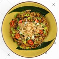 Tempeh “Chaufa” Rice (Plant Based) · Peruvian style stir fried rice with tempeh, edamame and crispy onions