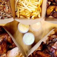 2 Whole Chicken · Served with 2 large side, two home sauces, churros and 2liter coca cola