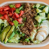Cobb Grain Bowl · Mixed Greens, Avocado, Hard Boiled Egg, Cucumber, Tomato, Red & White Quinoa, Lime Vinaigrette