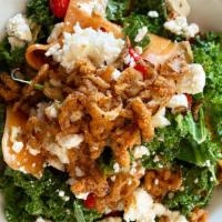 Kale Salad · Chopped kale, shaved carrot, artichoke, feta cheese, sweety drop peppers, crispy shallot, co...
